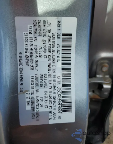 2015 Mazda Cx-9 Sport from USA, damaged, VIN JM3TB3BV5F0462202